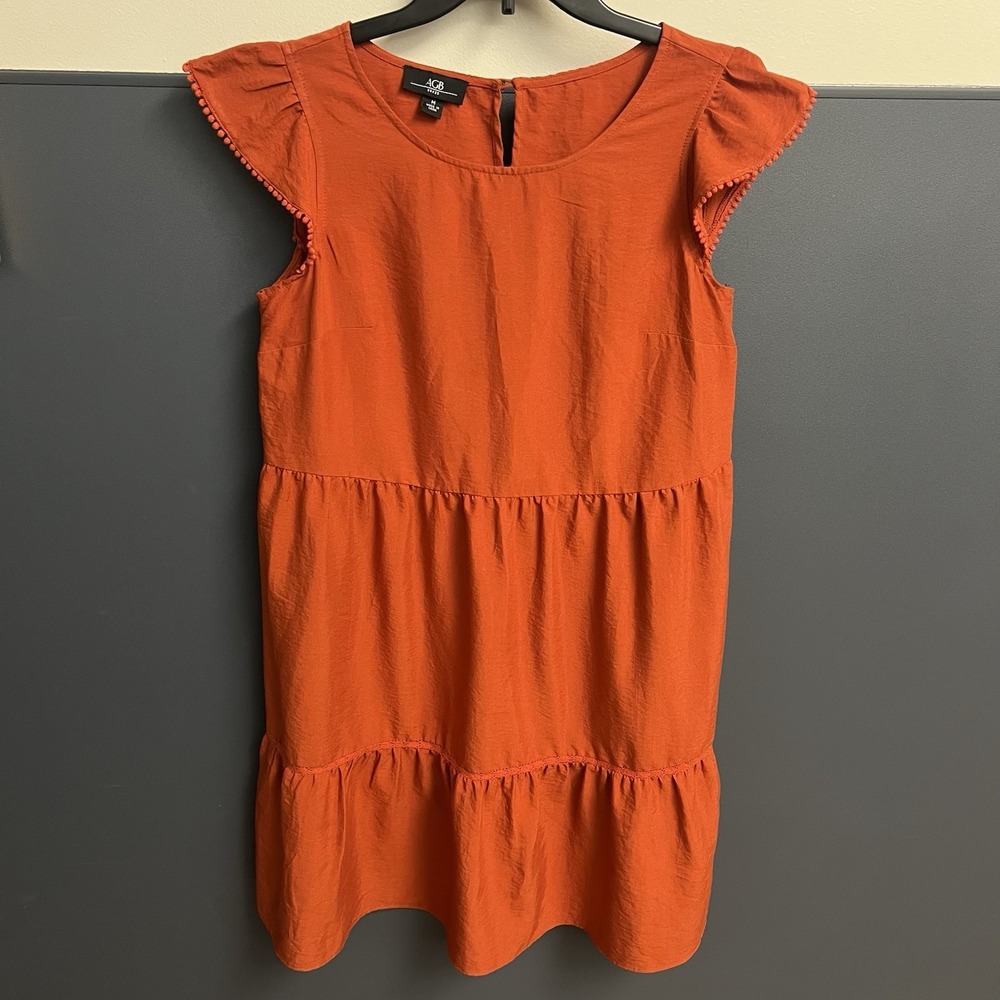 AGB Dress Sz M Burnt-Orange Ruffled Cap Slvs V-Neck CottageCore Women's Medium